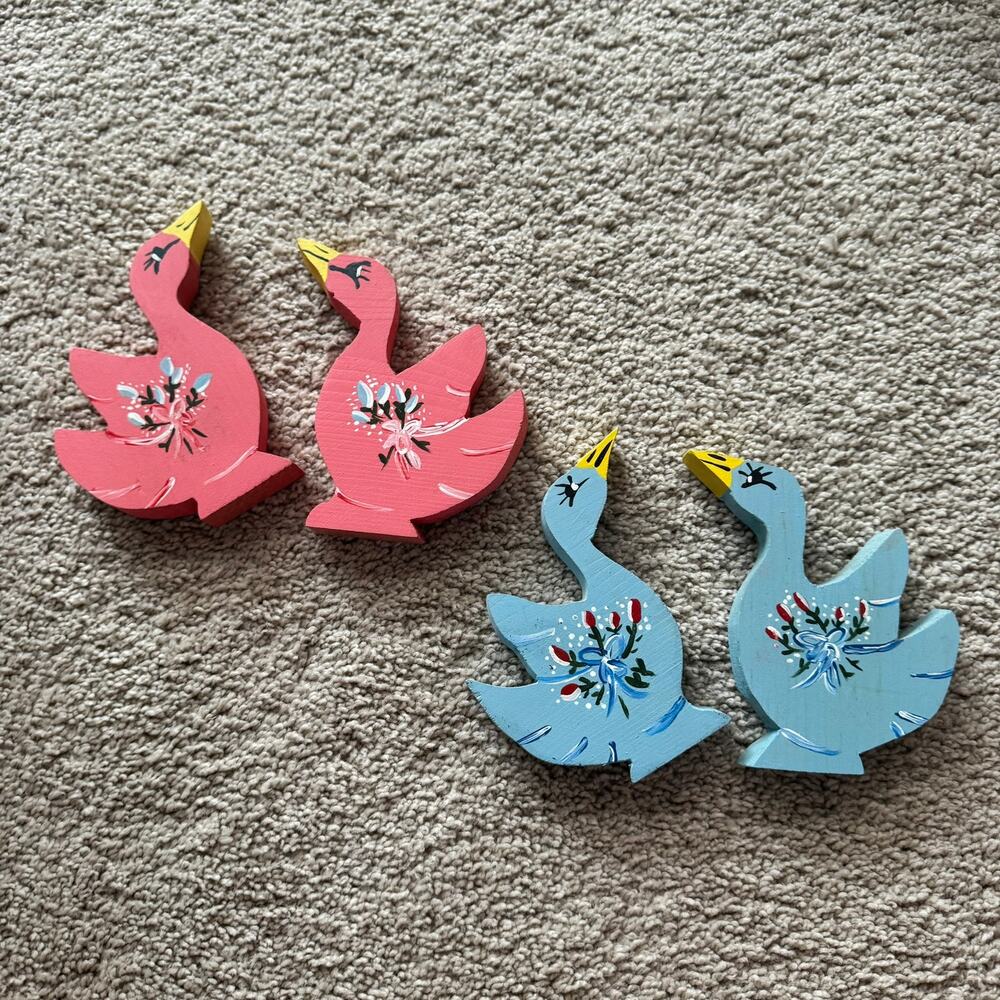 Vintage Handpainted Set of 4 Geese Pink Blue Floral Country Cottagecore 90s Folk